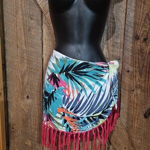 Tropical Print Cover-up Beach Bikini Printed Pink Fringe Hem Sarong EUC